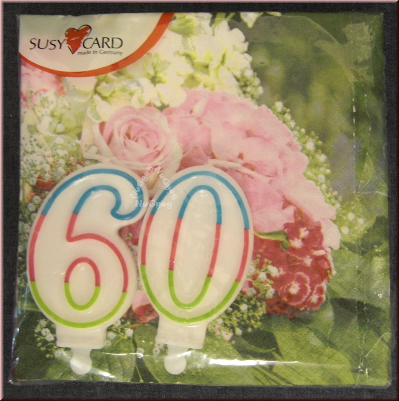 Servietten von susy card, "Rosenzauber", mit Geburtstagskerze 60, 20 Stück