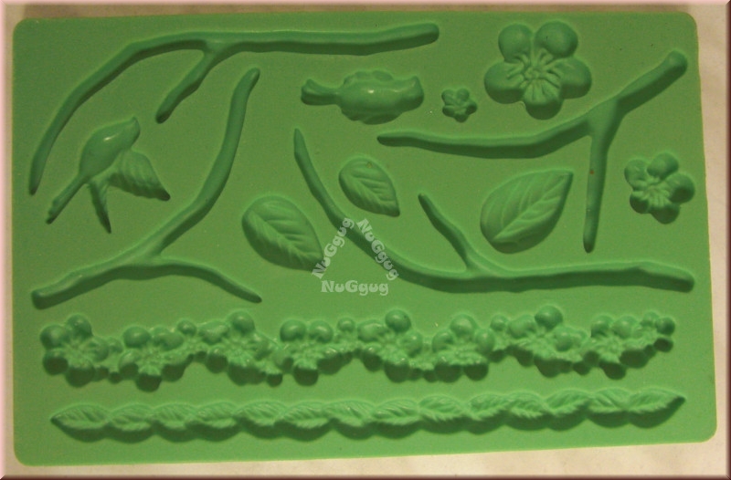 Silikonform "Zweige, Blumen, Blätter", grün, Eiswürfel, Pralinen, Fondant und Schokoladenform, Silikon