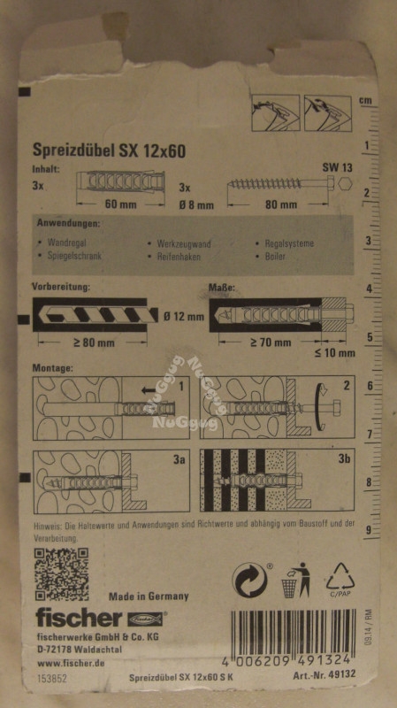 Spreizdübel SX 12x60mm + Schrauben 8x80mm, 3 Stück, von fischer