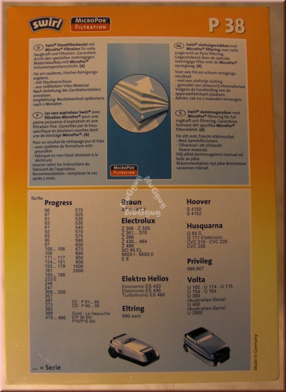Staubsaugerbeutel Swirl P 38 für Progress/Electrolux/Volta, 4 Stück