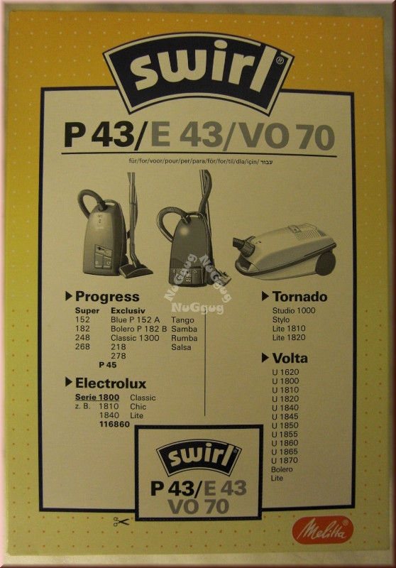 Staubsaugerbeutel Swirl P 43/E 43/VO 70 für Progress, 5 Stück