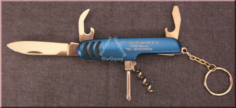 Taschenmesser metallicblau, "City-Salon Bauer", 6 Funktionen