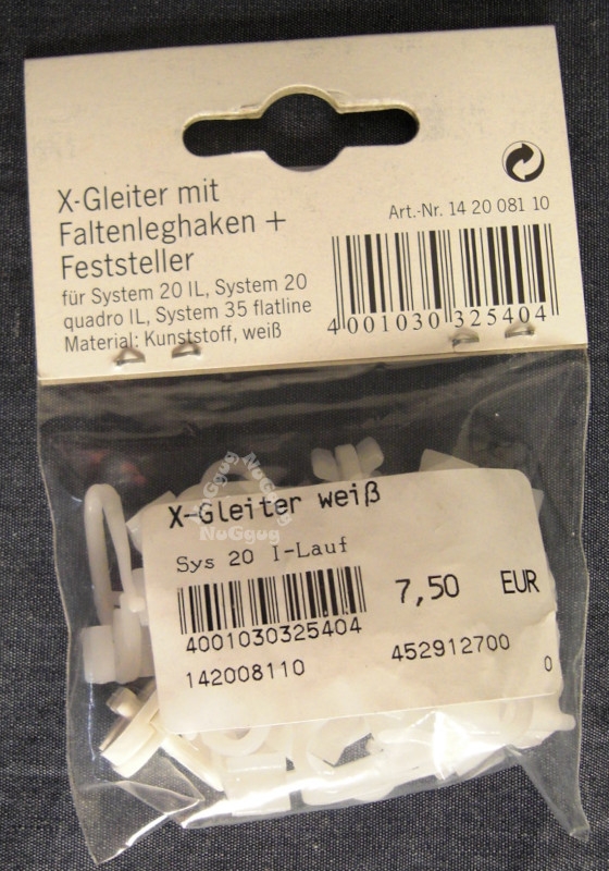 X-Gleiter mit Faltleghaken + Feststeller, Gardinenröllchen, Rollringe, Gardinenhaken, weiss, 20 Stück