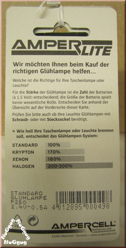 Amperlite Glühlampe für Taschenlampe, P250, 2,4V, 0,5A, Stecksockel, 2 Stück