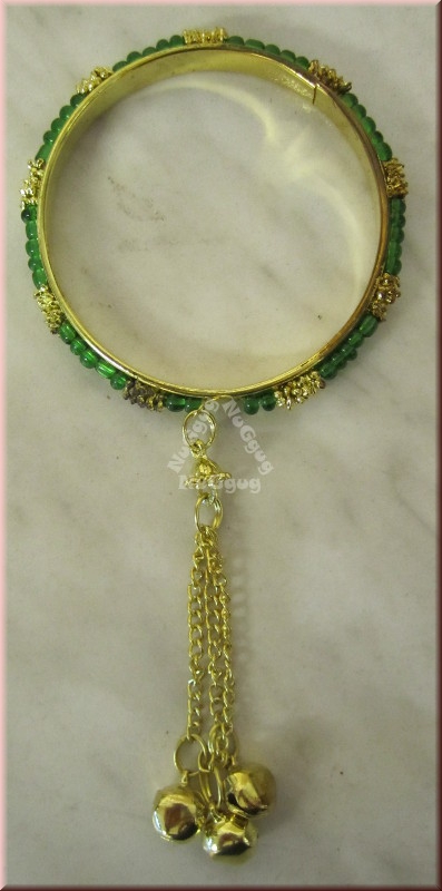 Armreif orientalisch, goldfarben mit grünen Kunststoff-Perlen und Glöckchen, Bauchtanz