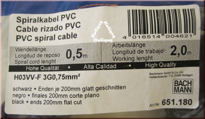 Spiralkabel PVC, schwarz, Wendellänge 0,5 Meter, Arbeitslänge 2 Meter, von Bachmann
