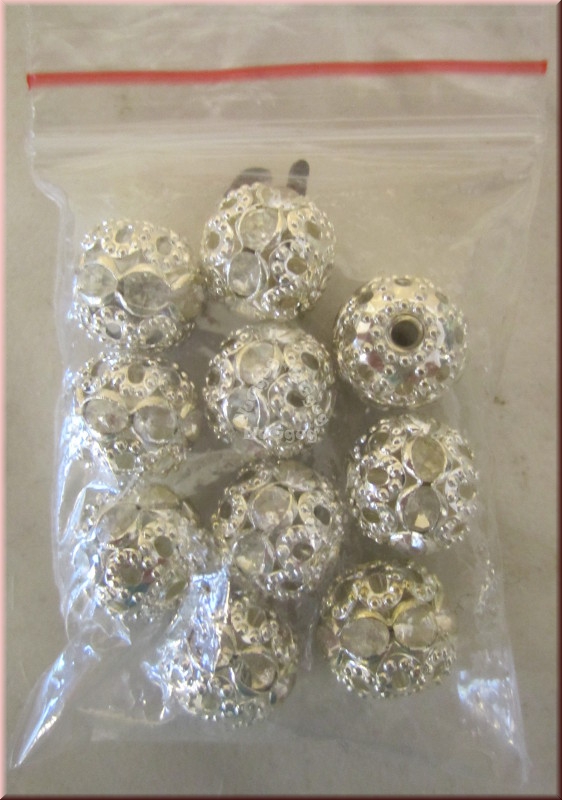 Filigrane versilberte Perlen mit Steinen besetzt, Durchmesser 10mm, Dekokugeln