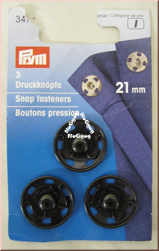 Annähdruckknöpfe Messing schwarz 21 mm, Prym 341172, 3 Stück