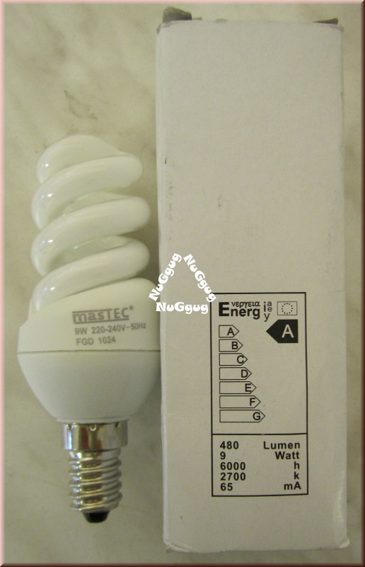 Energiesparlampe Mastec Full Spiral, 9 Watt, E14, 2700K