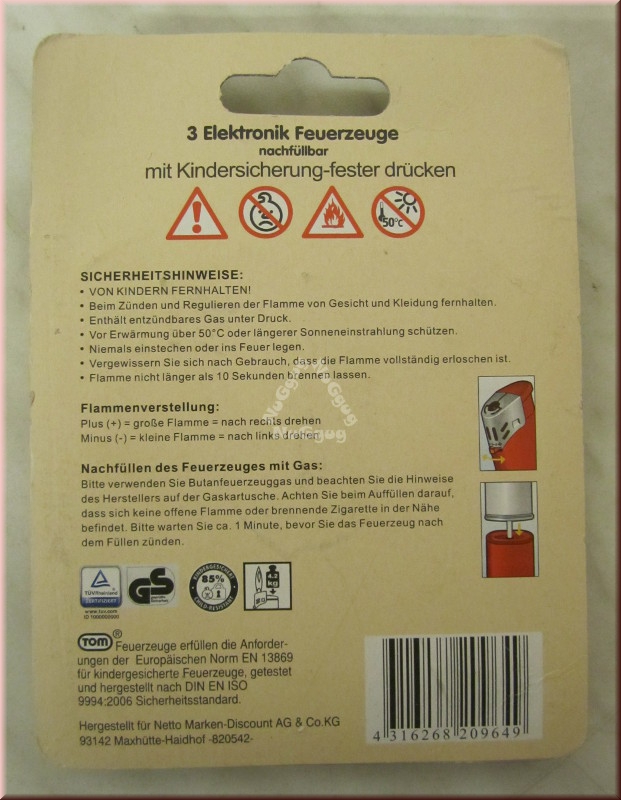 Feuerzeug Netto, 3er Set Elektronik Feuerzeuge nachfüllbar