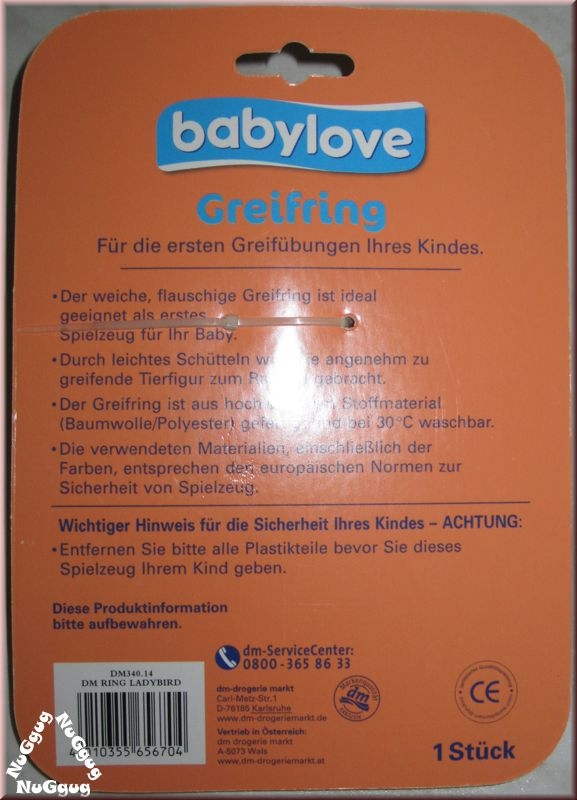 Greifring babylove mit Rassel, Marienkäfer, 12 cm