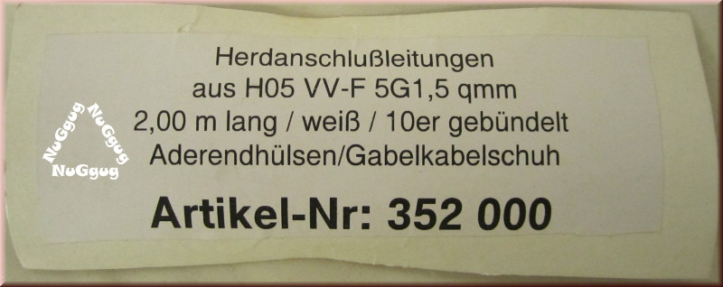 Herdanschlußleitung aus H05 VV-F 5G 1,5qmm, weiß, 2,0 Meter, mit Adernhülsen/Gabelkabelschuh, Artikel 352000