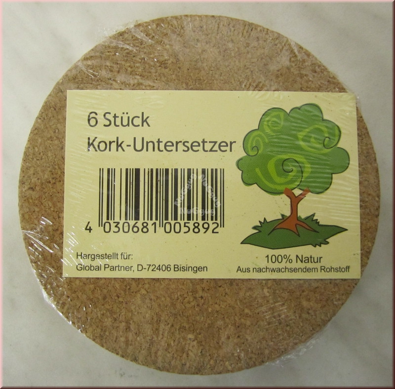 Untersetzer Kork, 6 Stück, Durchmesser 9,5 cm