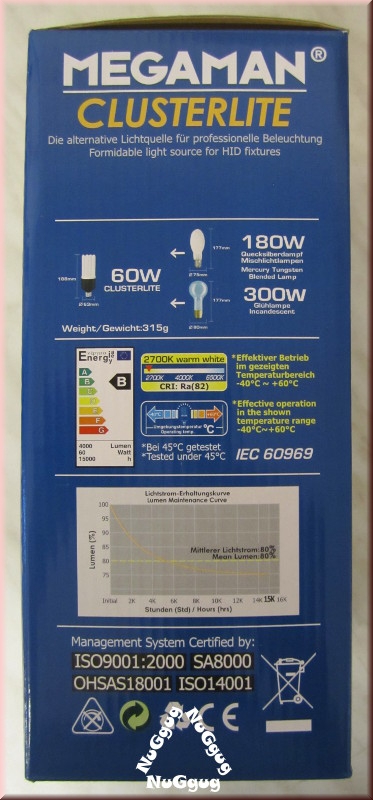 Megaman Clusterlite HCO1060i 60W E27, 2700K warm white, Art.-Nr. MM60812i, lange Lebensdauer 15.000 Std.