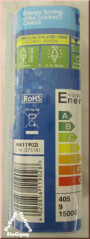 Megaman Ultra Compact Candle, 9/45W, E14, 2700K warm white, Art.-Nr. MM11902i, lange Lebensdauer 15.000 Std.