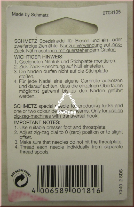 Nähmaschinennadel Zwillings-Nadel 4,0/90, Universal, 130/705 H ZWI, von Schmetz