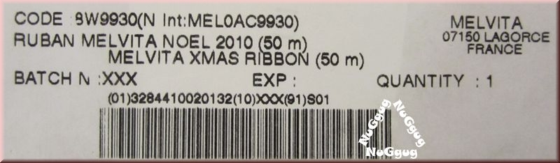 Geschenkband "Melvita X-Mas" aus rotem Stoff, 15mm, 50 Meter