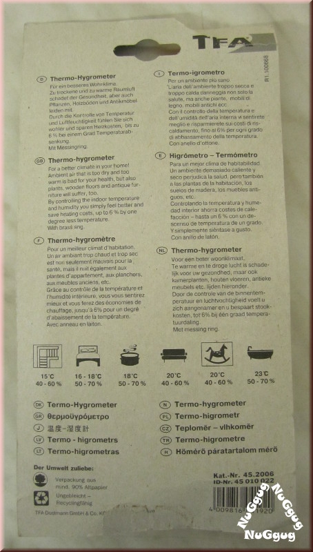 Thermo-Hygrometer, Klimatherm, Weiß mit Messingring, von TFA